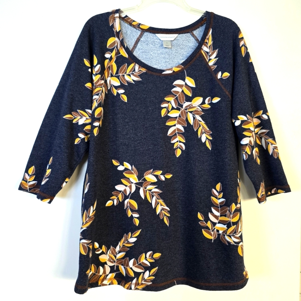 Cozy XL Christopher & Banks French Terry Tunic 3/4 Sleeves Denim Blue & Tans